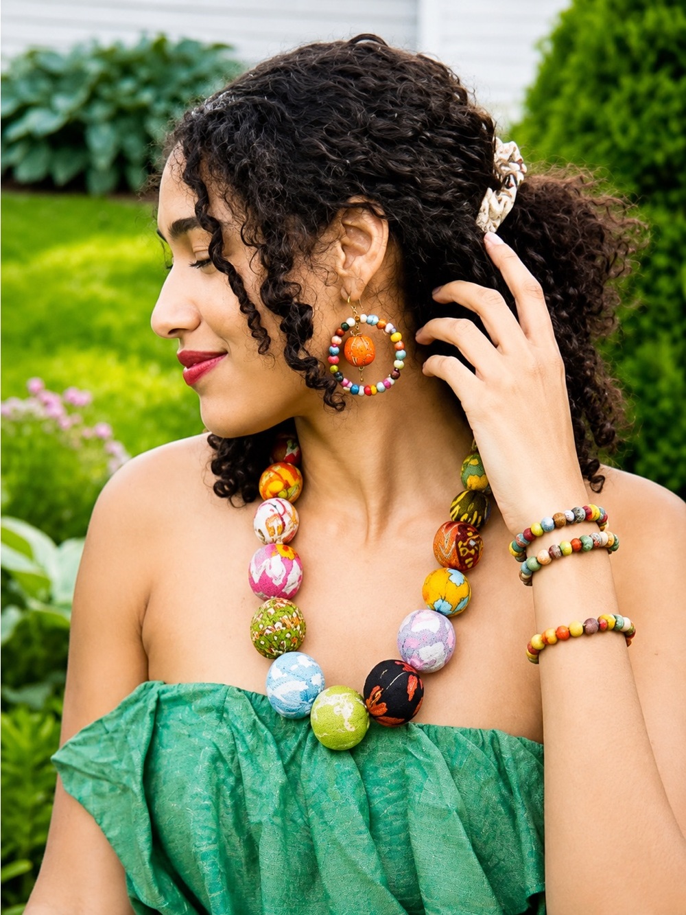 Kantha Bead Soliel Hoop Earrings - Picture 3 of 3